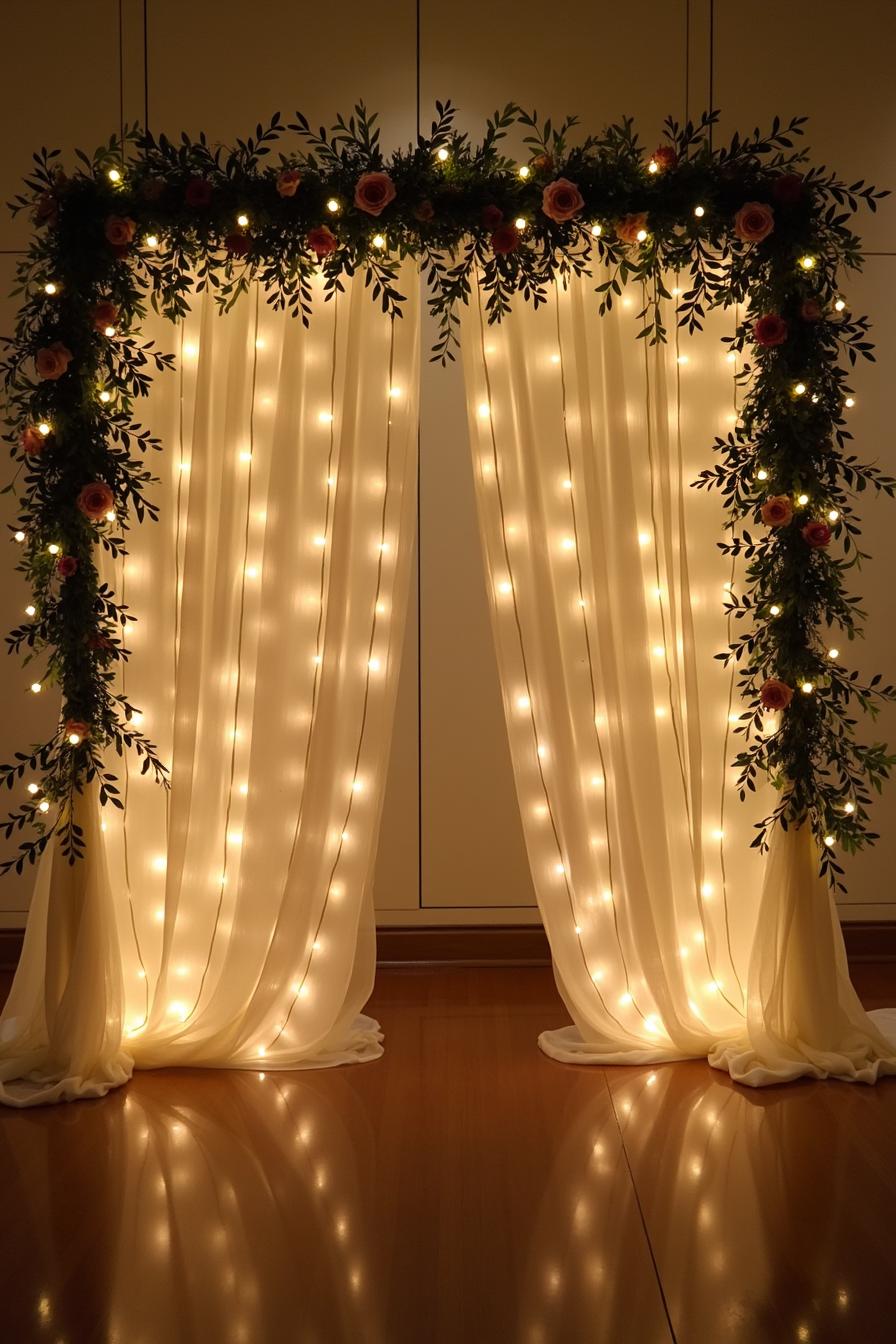 Draped curtain with glowing lights and floral garland