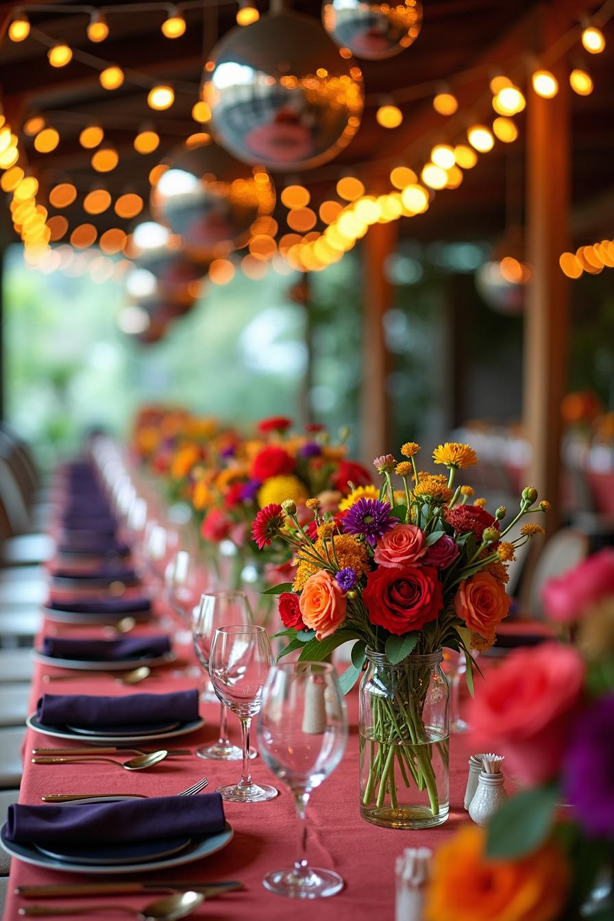 Vibrant flowers and glowing lights above a long table setting