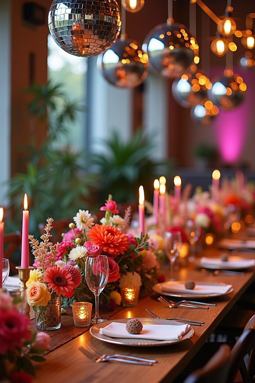 Table adorned with bright flowers, candles, and hanging disco balls