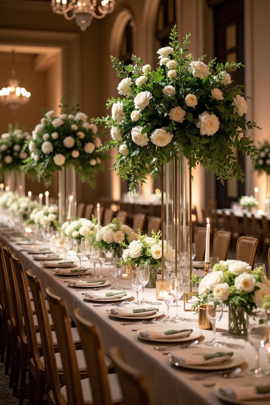 Long table with elegant floral centerpieces for a wedding