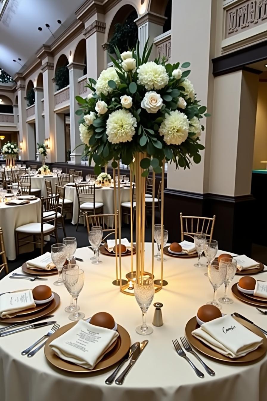 Elegant table setup with tall floral centerpiece