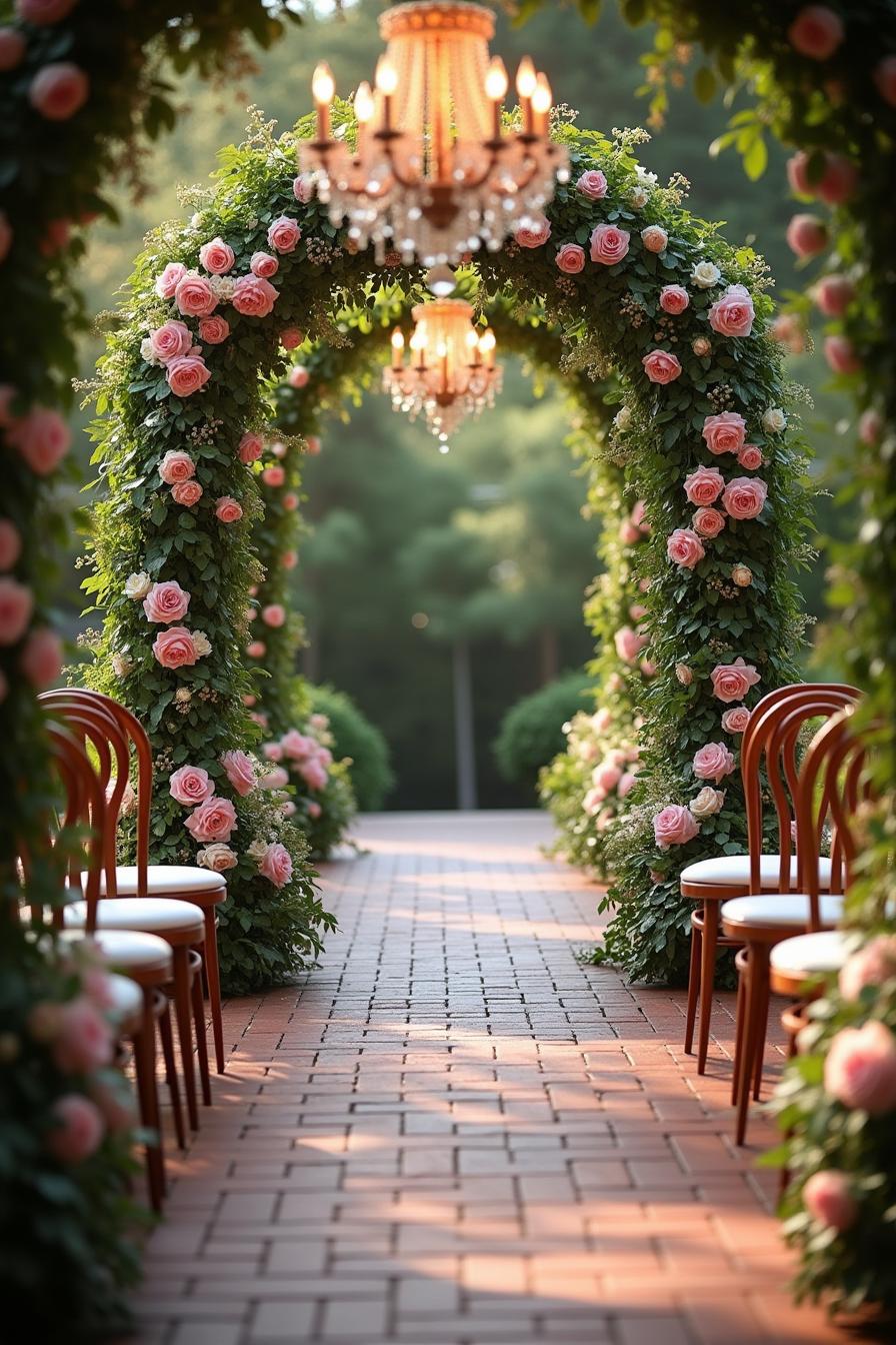 Floral archway with chandeliers in garden setting