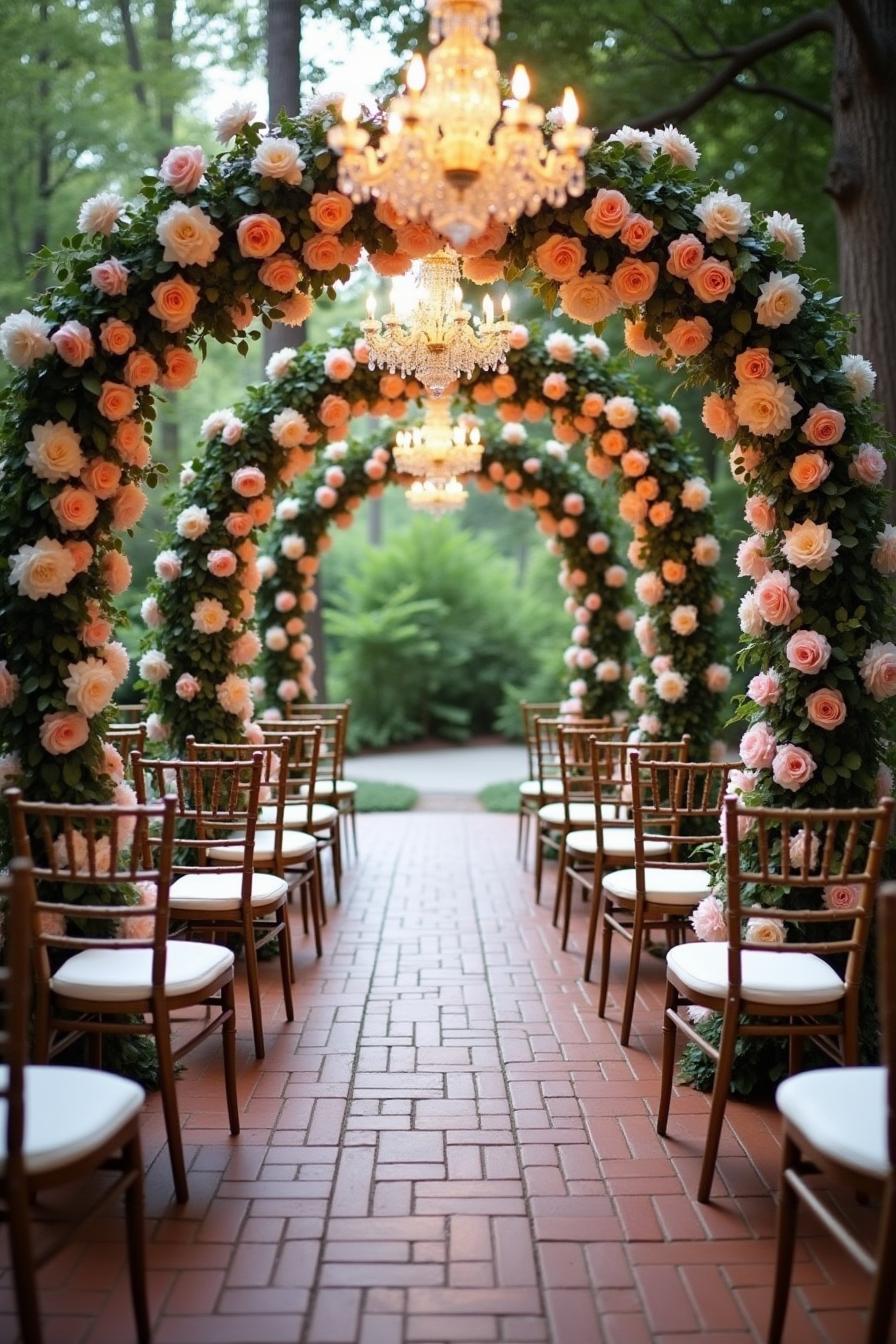 Floral arches with chandeliers over a wedding aisle