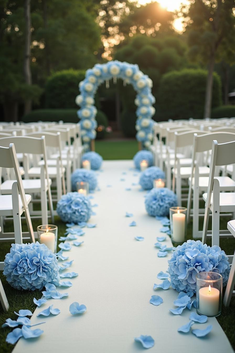 White chairs flank a petal-strewn aisle with blue flowers and candles