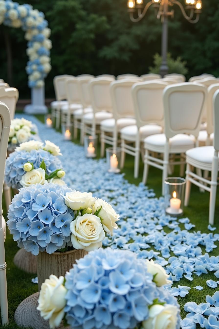 Elegant wedding aisle adorned with blue and white flowers