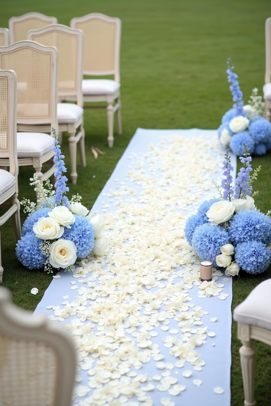 Aisle adorned with blue and white florals