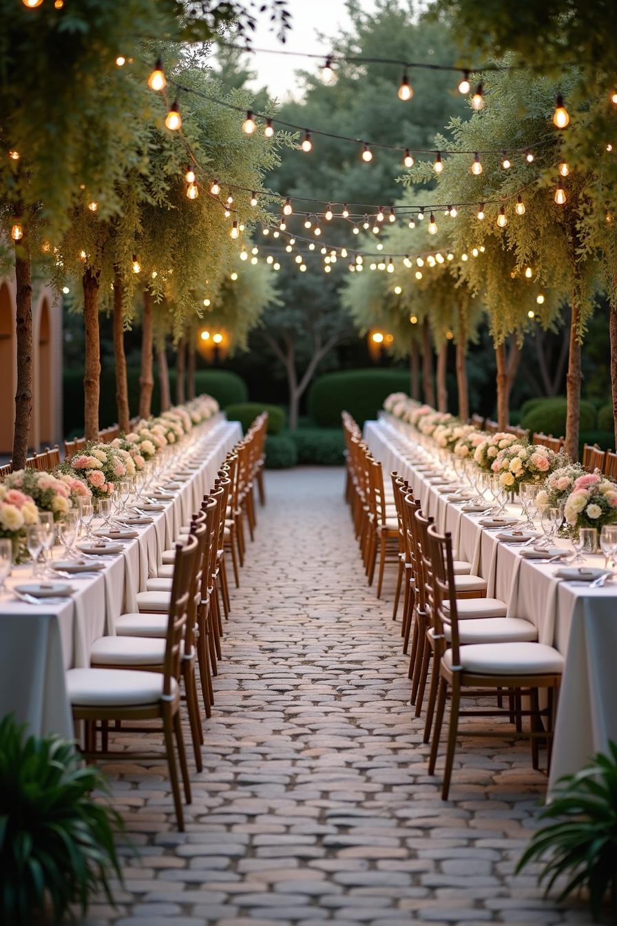 Outdoor wedding setup with string lights and lush greenery