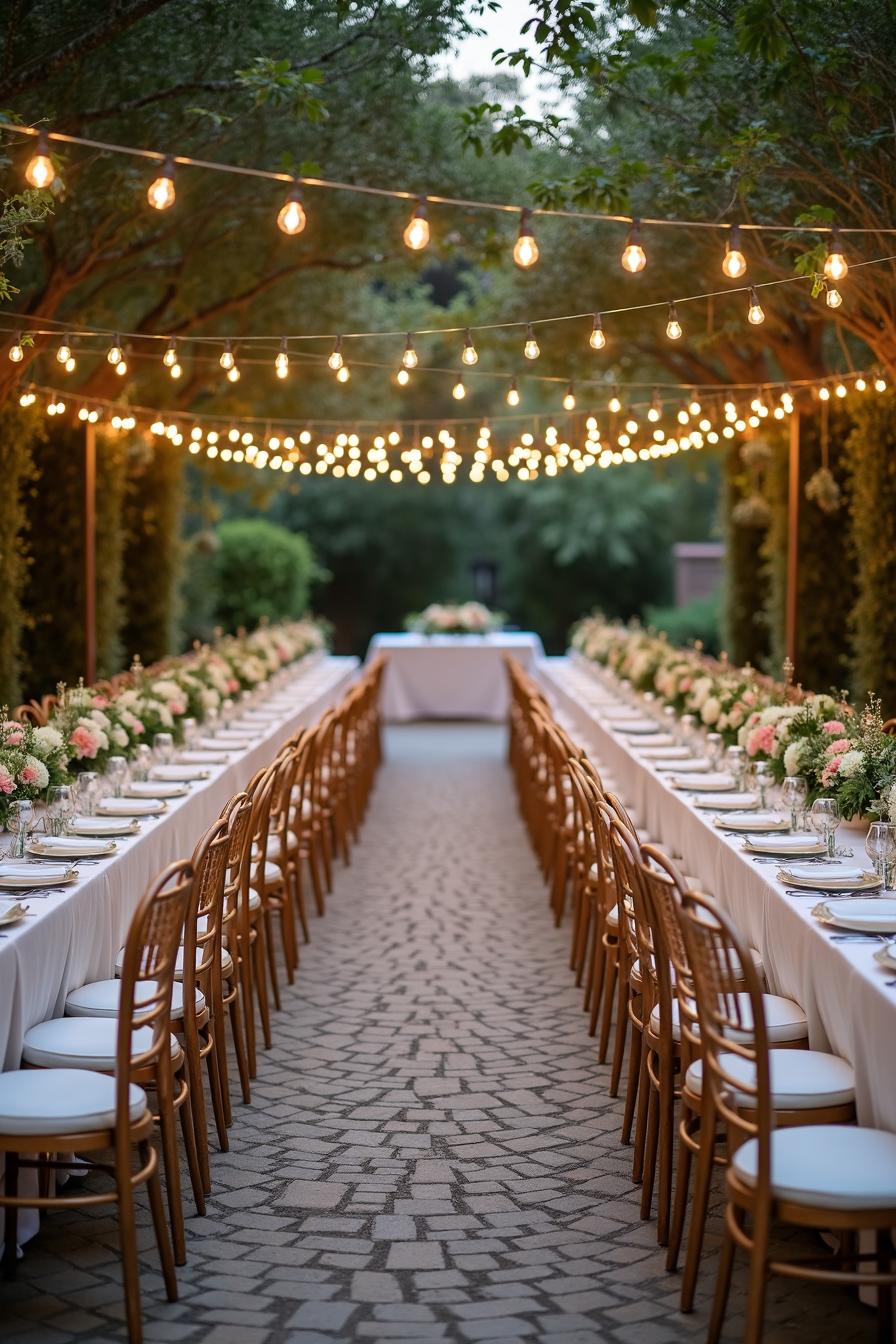 Outdoor wedding setup with string lights and floral decor