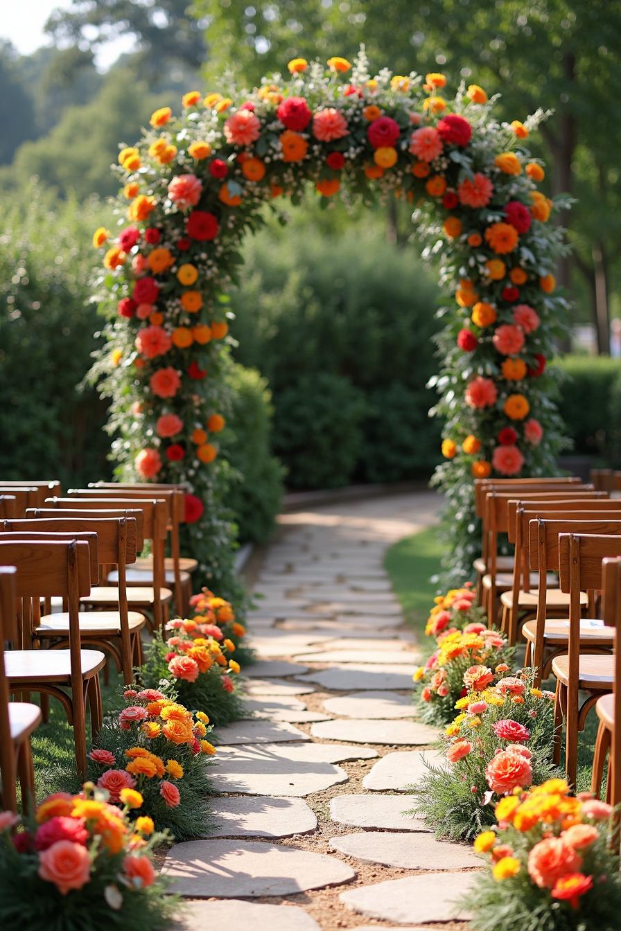 Floral arch with orange and red blooms at a garden wedding venue