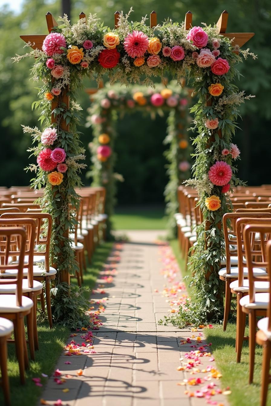 Colorful floral arch with decorated aisle at an outdoor wedding