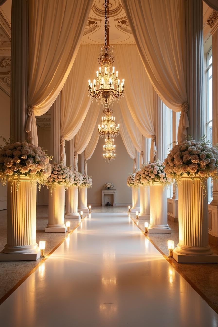 Wedding aisle with chandeliers and floral columns