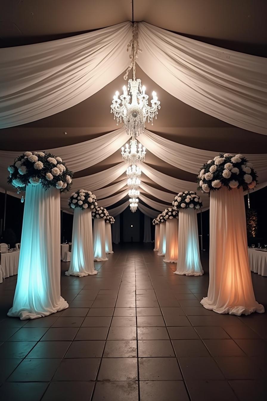 Rows of draped pillars with illuminated bases at a wedding