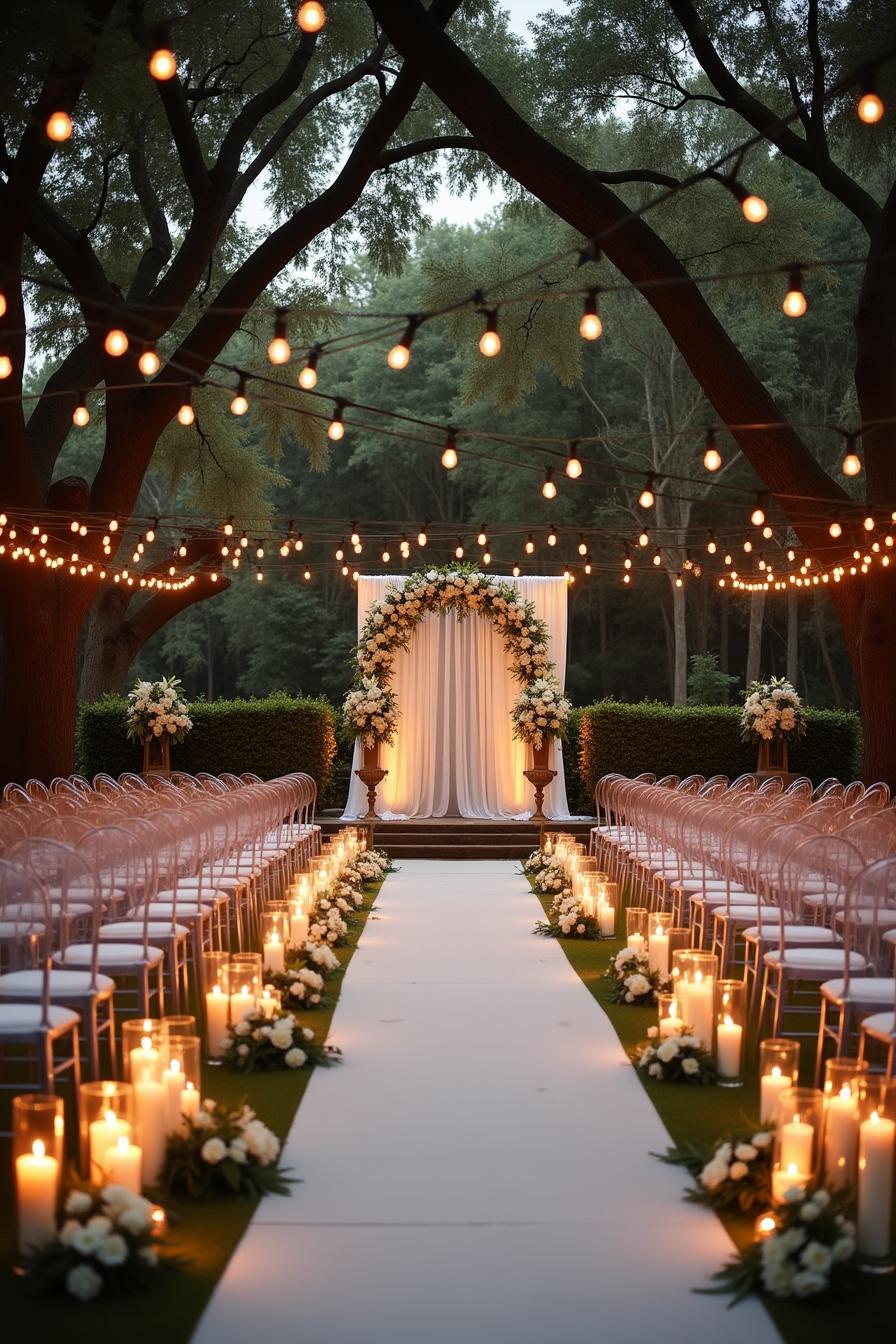 Outdoor wedding aisle adorned with string lights, candles, and a floral arch