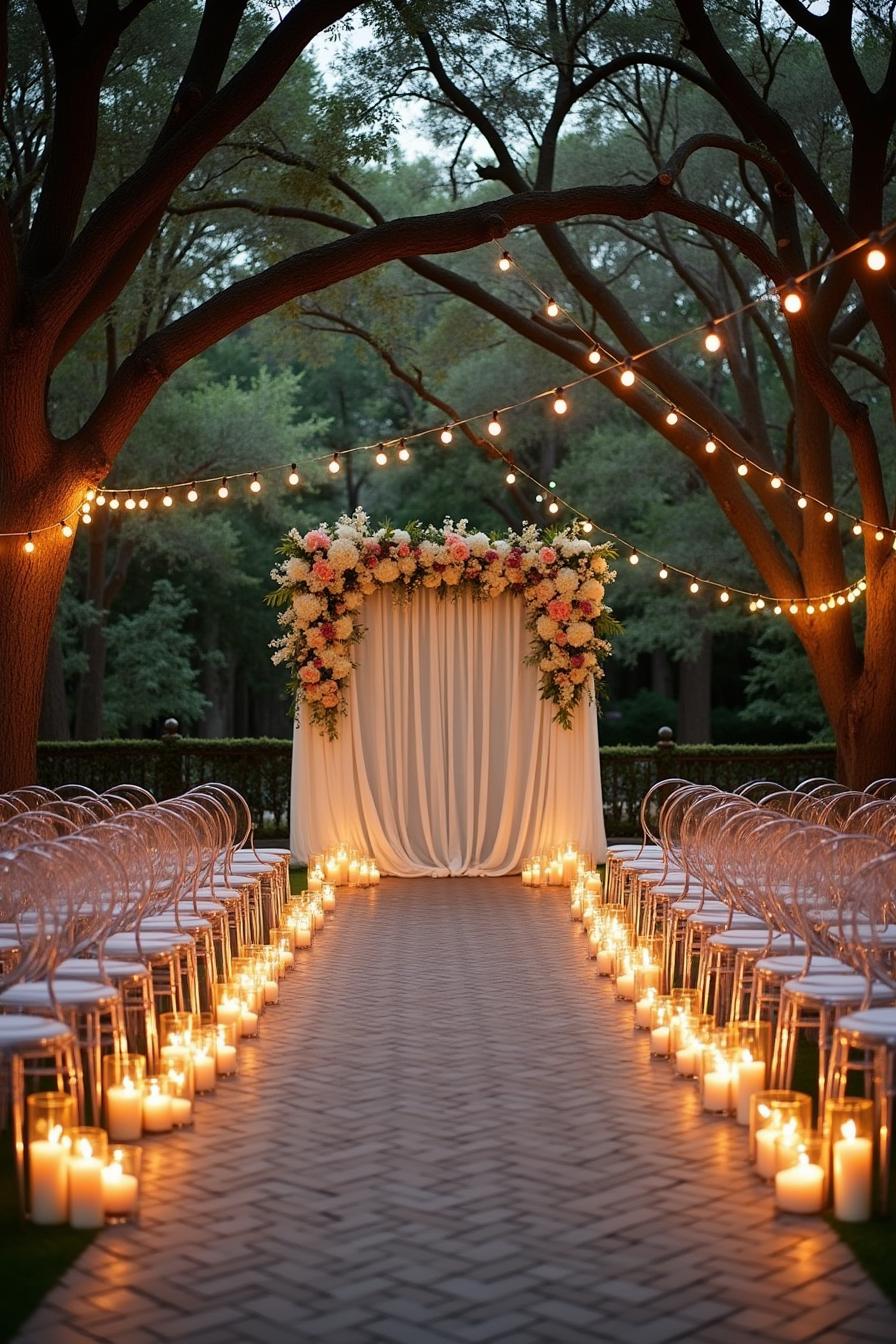 Outdoor wedding setup with string lights and floral archway