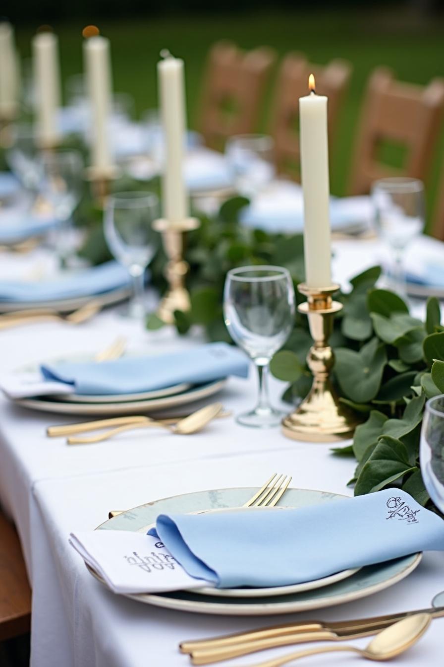 Blue napkins, gold cutlery, and leafy garlands adorn a wedding table