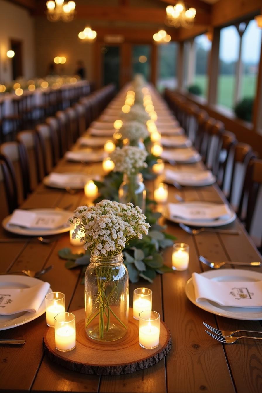 Long dining table with candles and flowers in jars