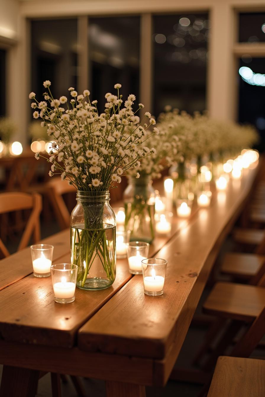 Vases of daisies with glowing candles on a long wooden table