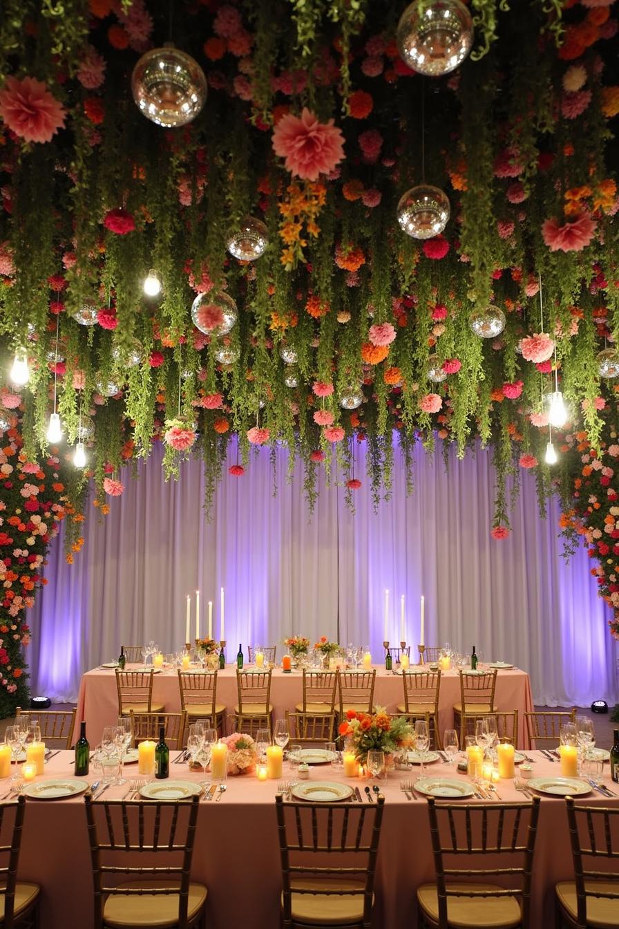 Long wedding table under hanging flowers and lights