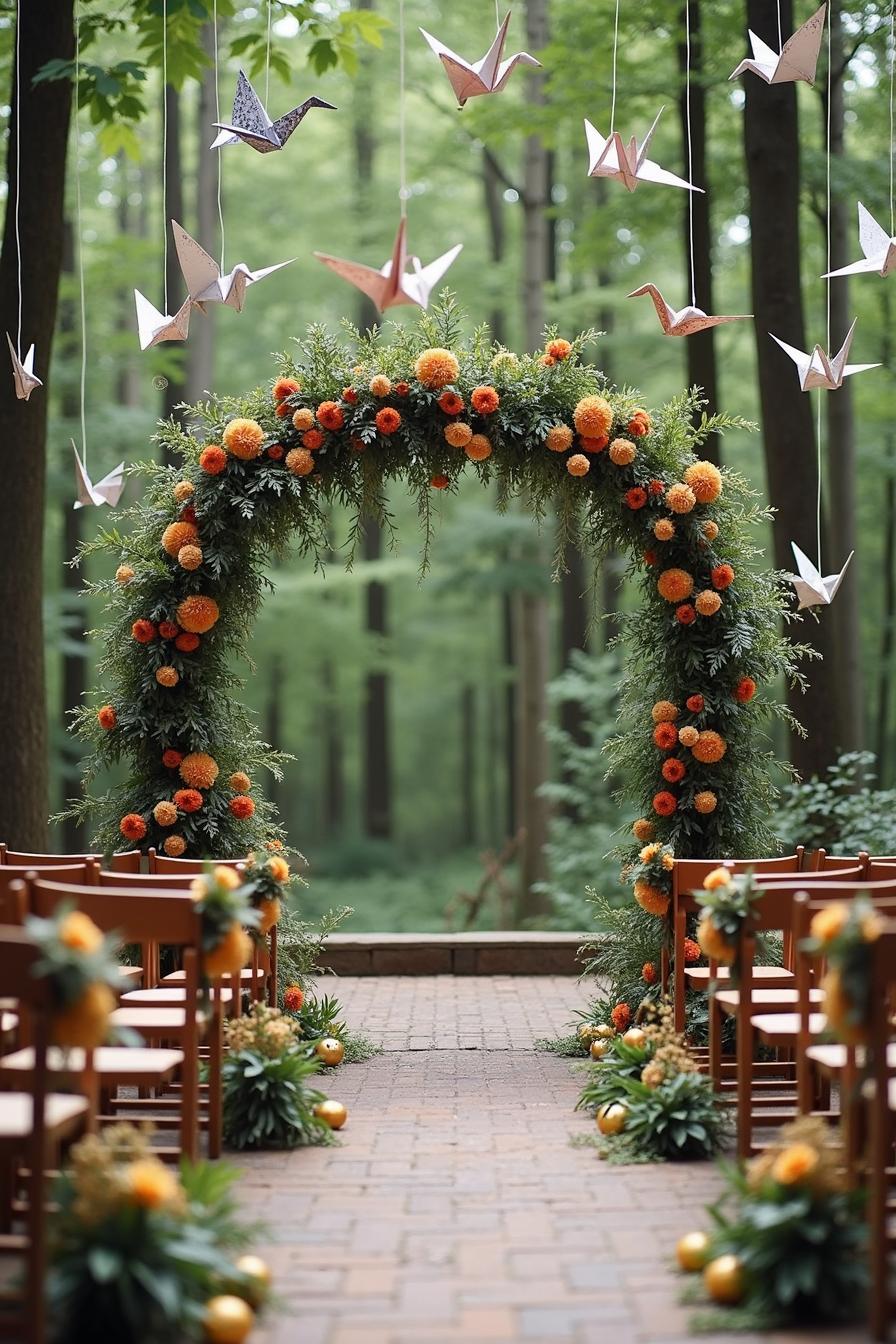 Orange and green floral arch with hanging paper cranes