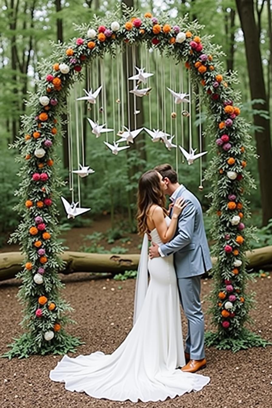 Bride and groom beneath a colorful floral arch with hanging paper cranes