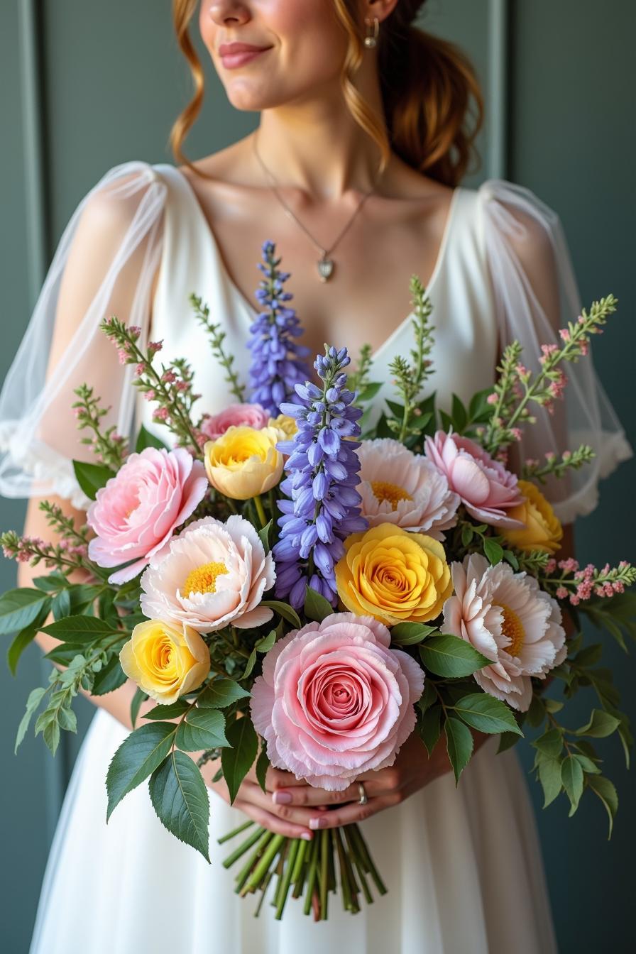 Close-up of a bride holding a vibrant floral bouquet