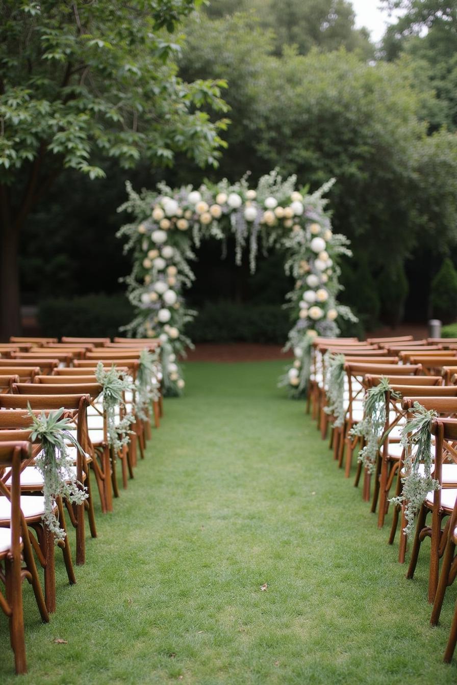 Rustic chairs and floral archway in garden setting