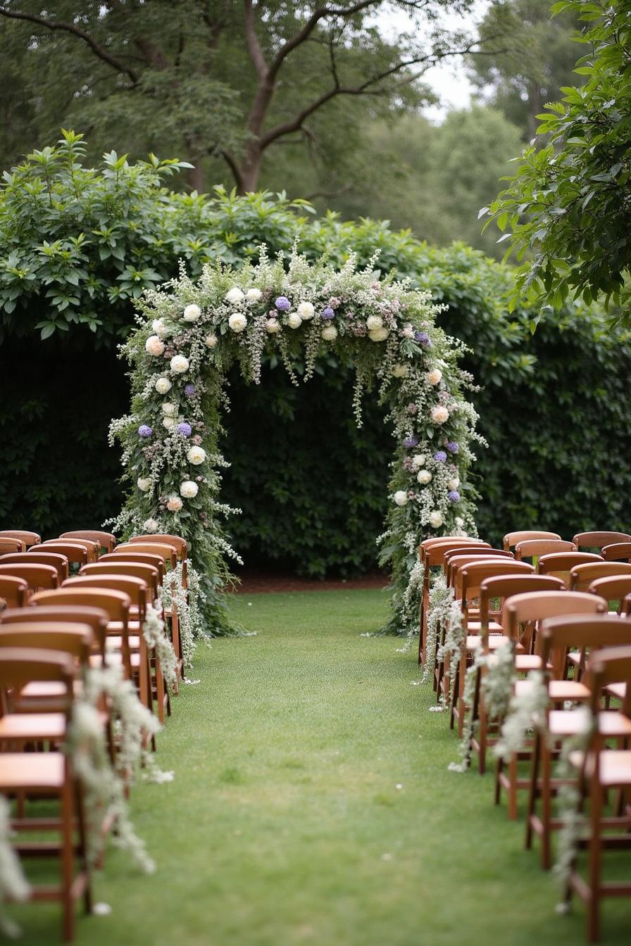 Floral archway with aisle surrounded by greenery