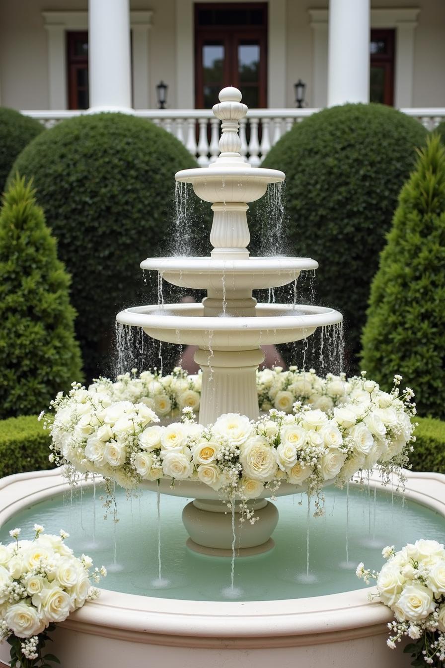 Fountain adorned with white roses and greenery