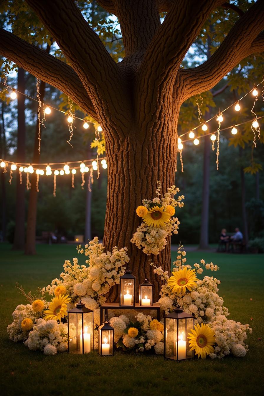 Lanterns and flowers illuminate a majestic tree