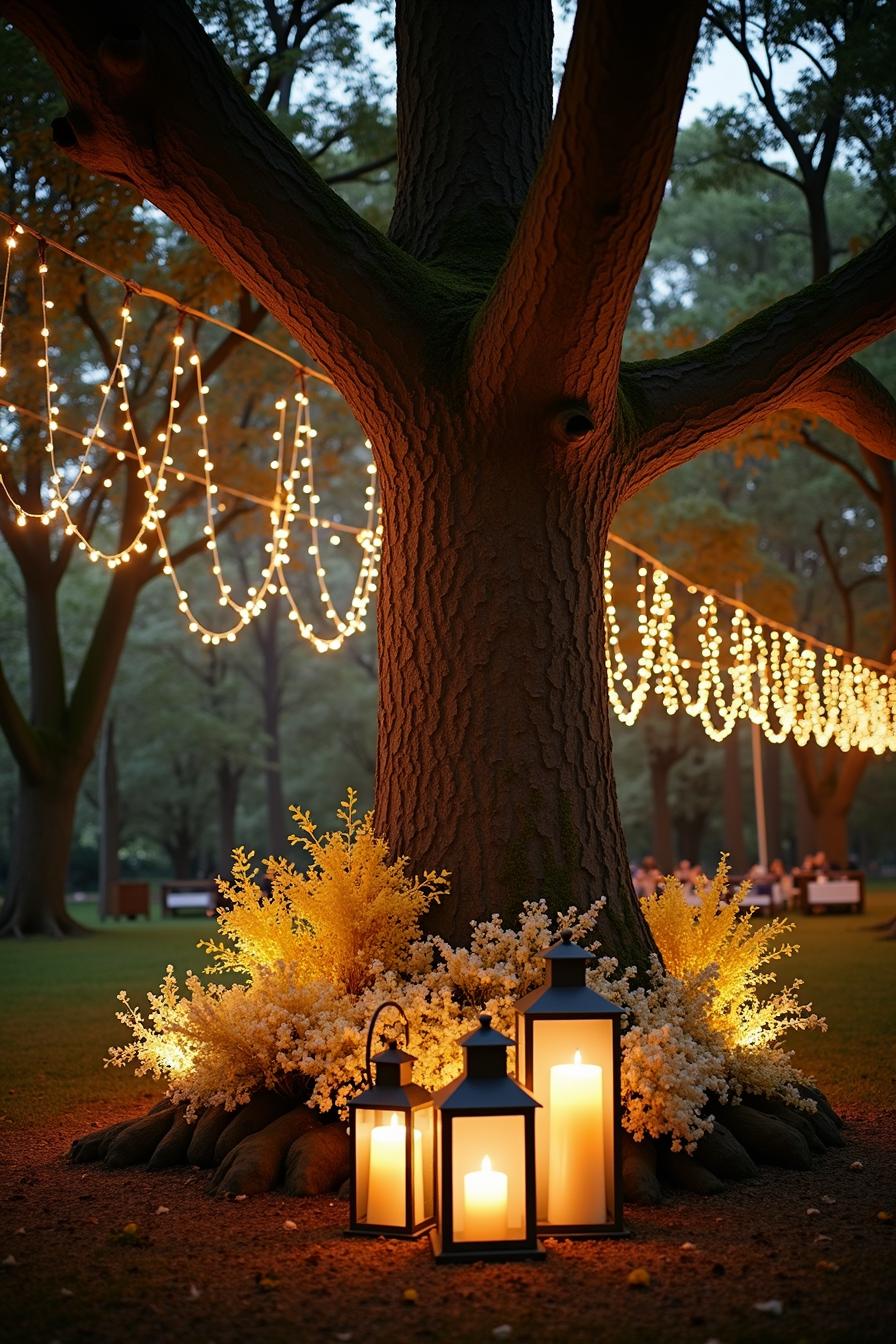 Lantern-lit tree with hanging fairy lights