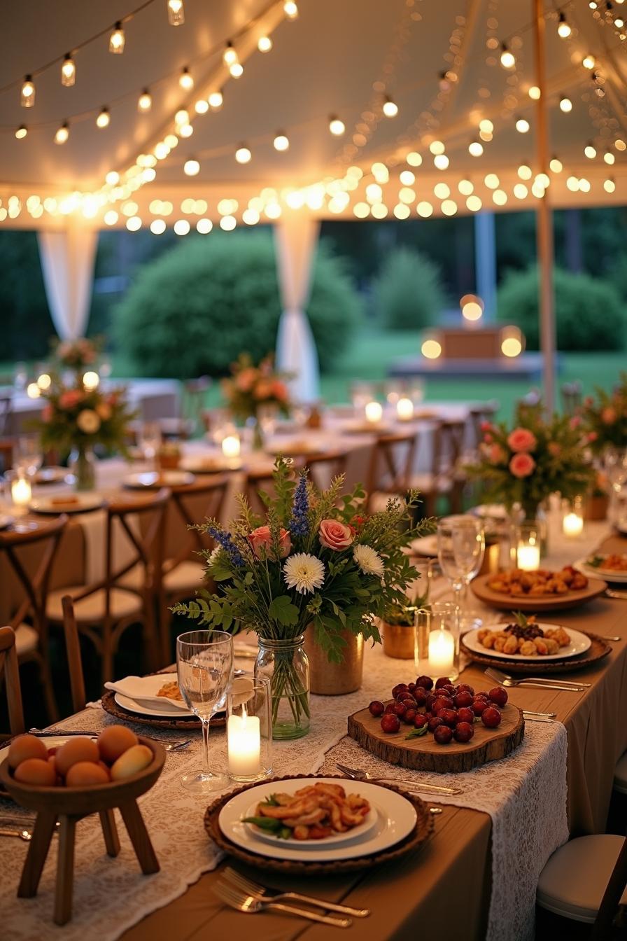 Garden wedding setting with string lights and floral centerpieces