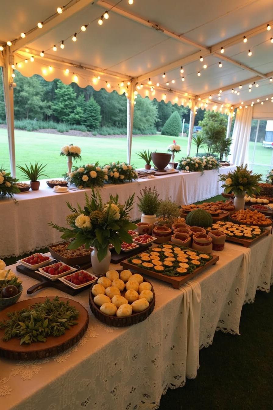 Elegant outdoor wedding buffet under twinkling lights