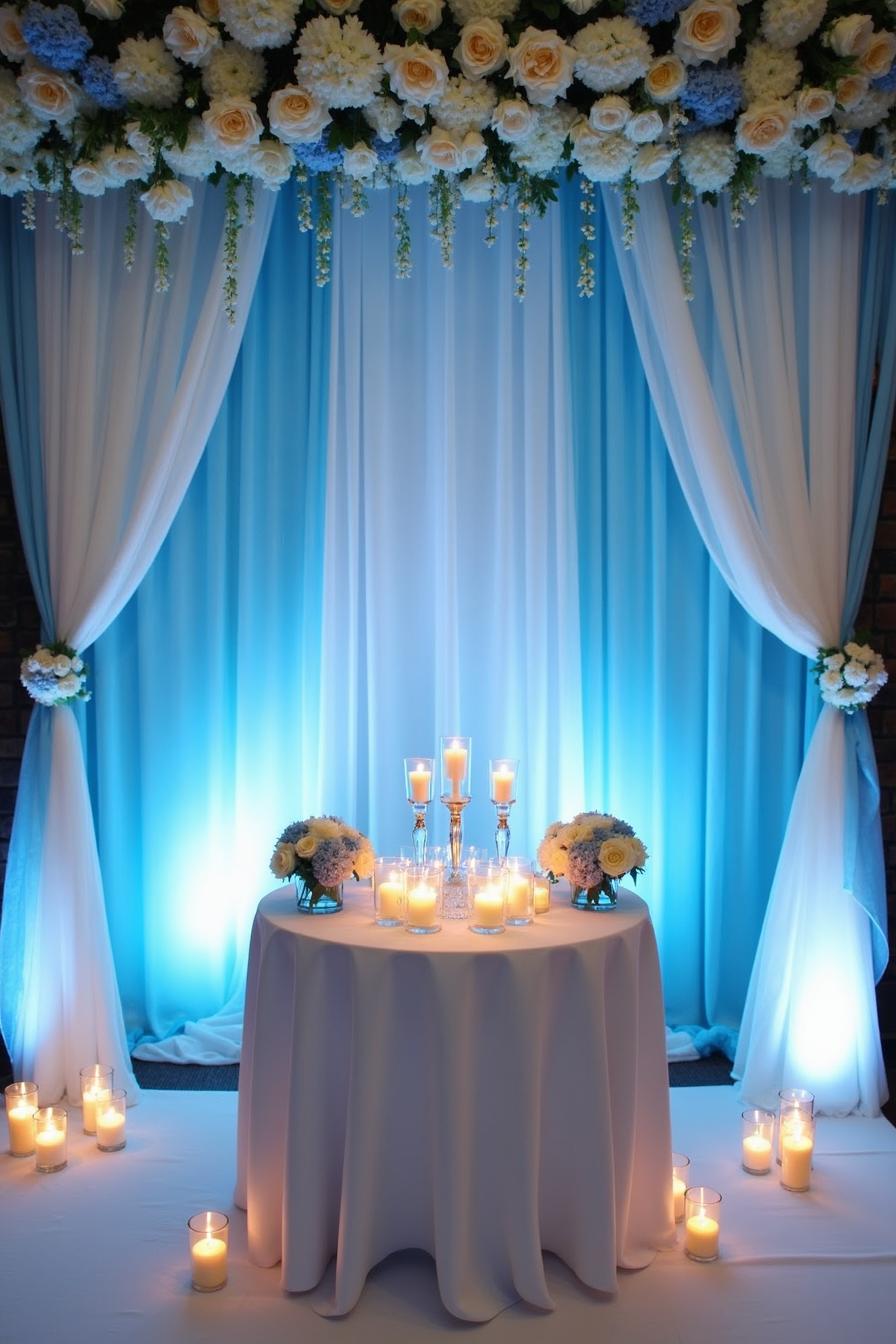 Table with candles and flowers against blue drapery