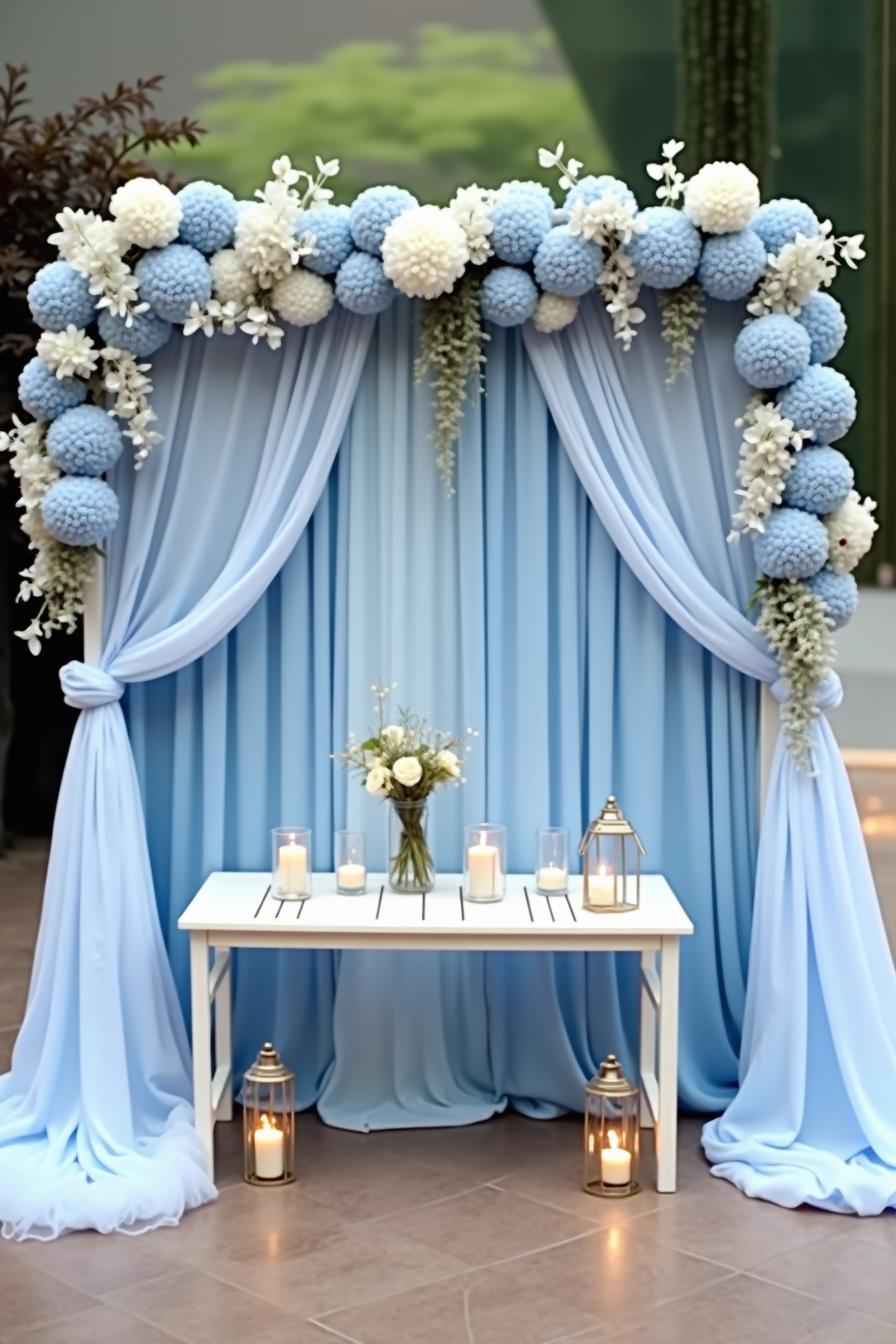 Blue-themed wedding arch with flowers and candles