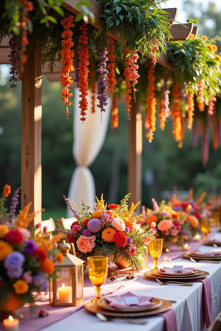 Vivid floral arrangements with cascading greenery and elegant tableware