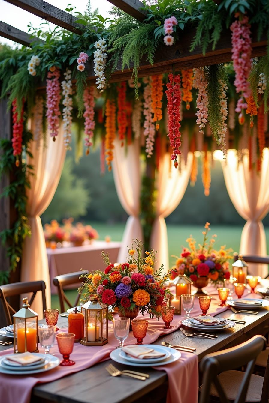 Vibrant floral ceiling above rustic wedding table