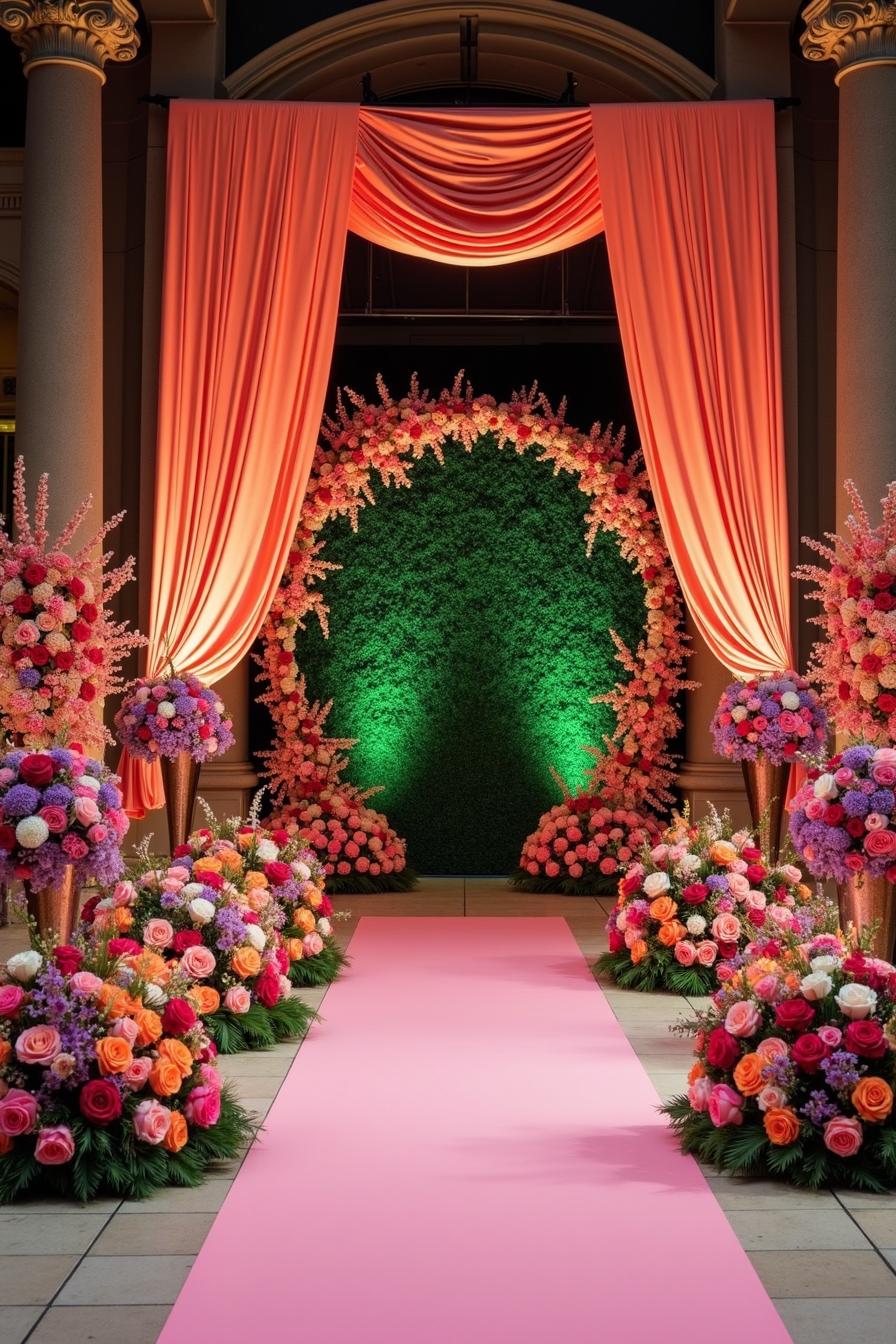 Floral archway with lush pink decor