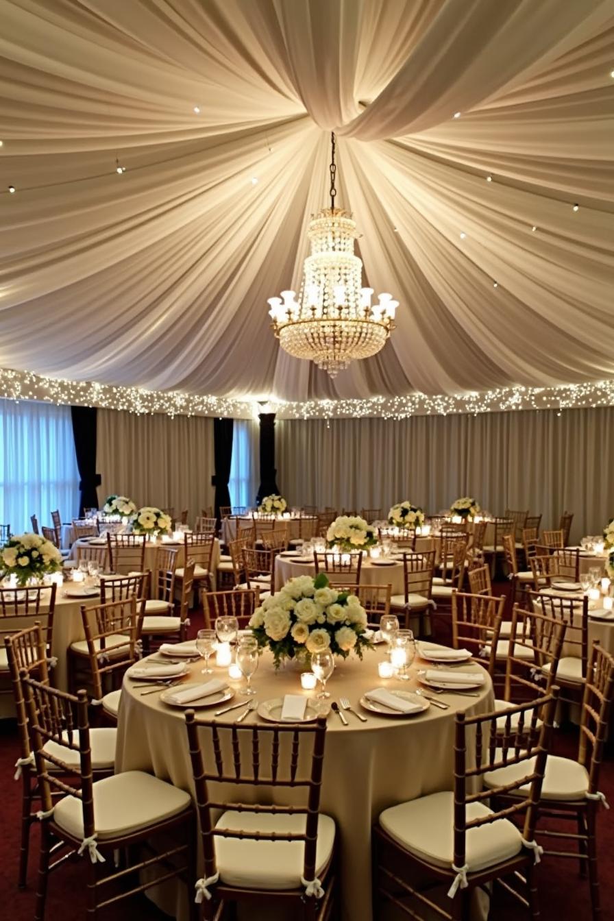 Elegant banquet hall with draped ceiling and floral centerpieces