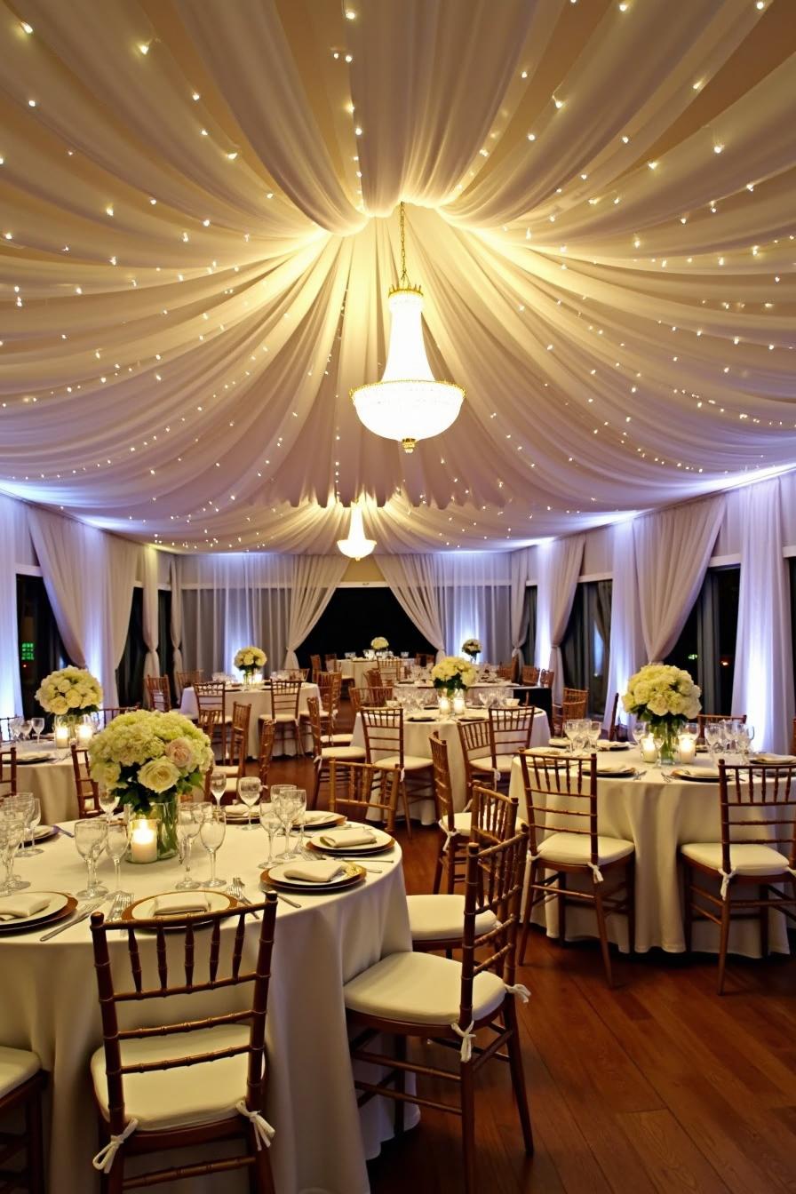 Elegant wedding decor with draped ceiling and chandeliers