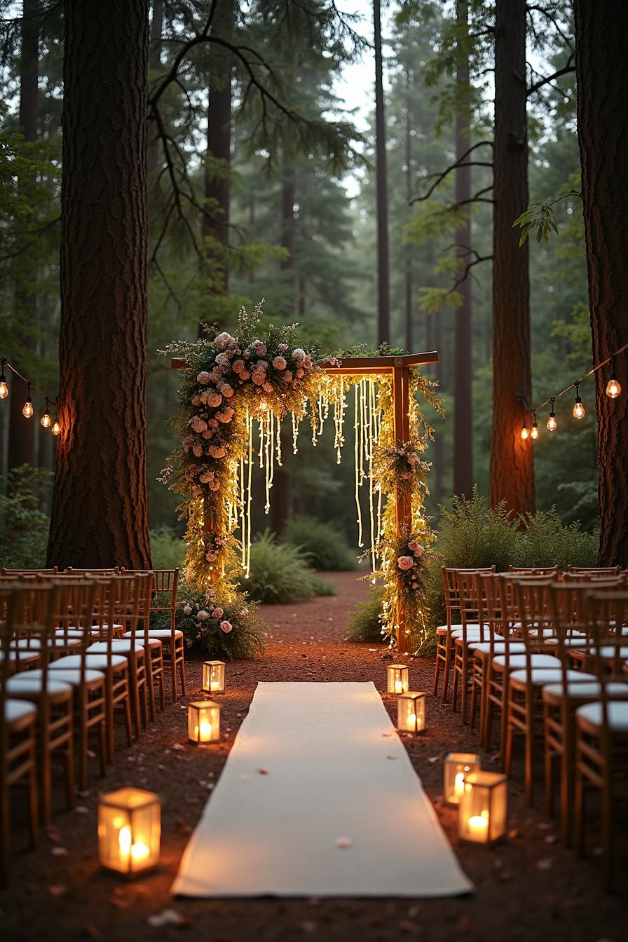 Forest wedding aisle with a floral arch and lantern lights