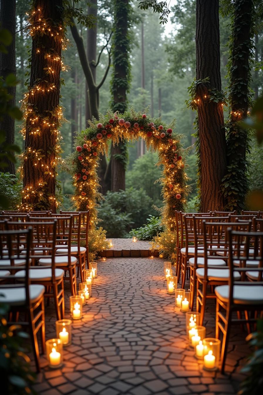 Outdoor forest wedding setup with floral arch and glowing candles