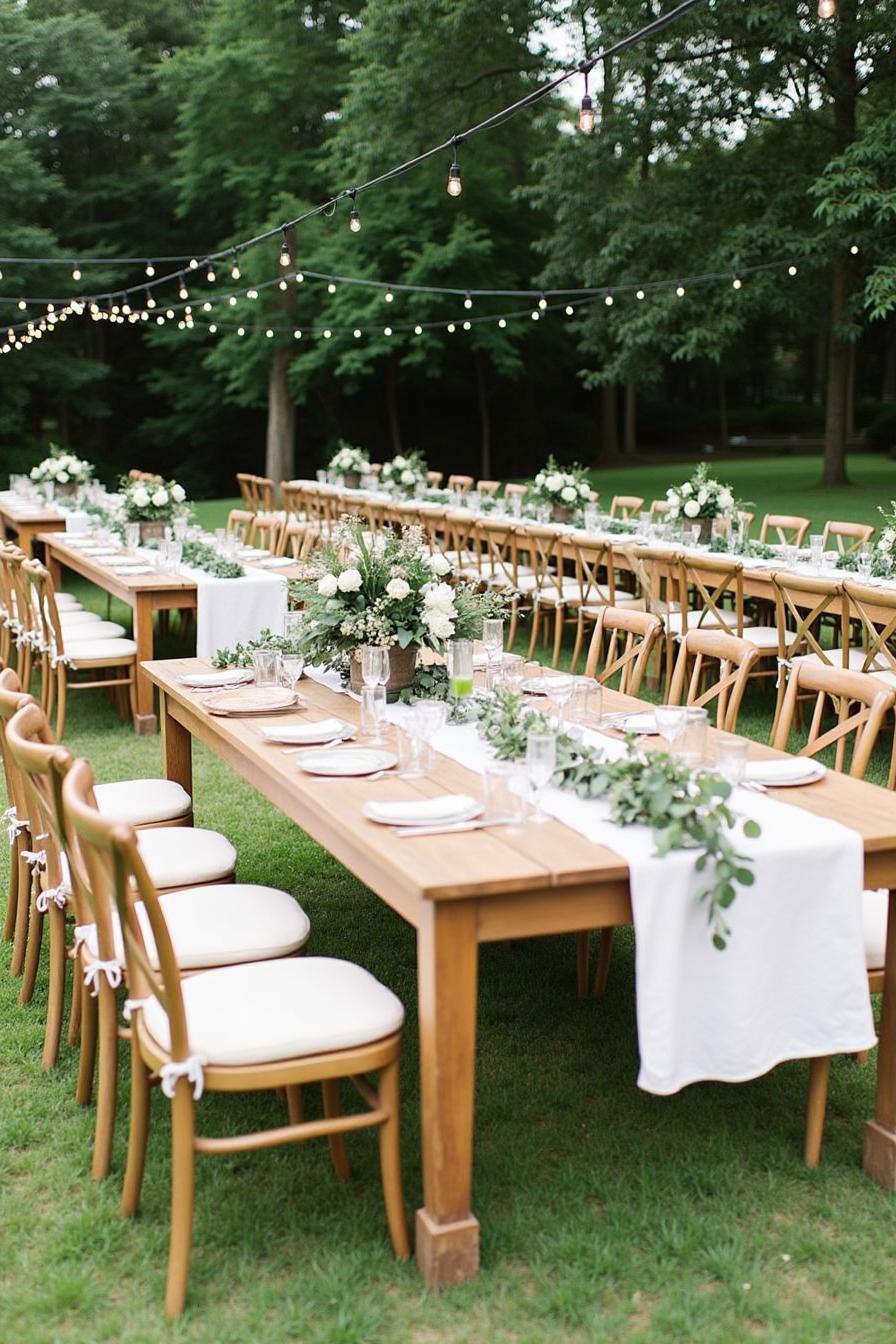 Outdoor wedding tables with string lights and elegant floral arrangements