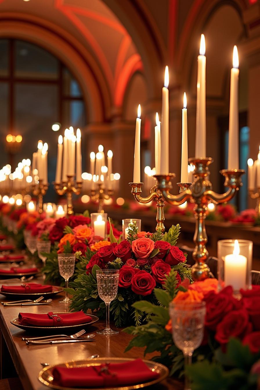 Golden candelabras with flickering candles and vibrant roses on a long dining table