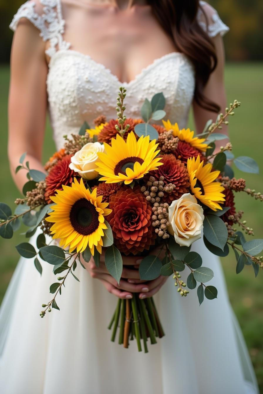 Bride holding a vibrant sunflower and rose bouquet