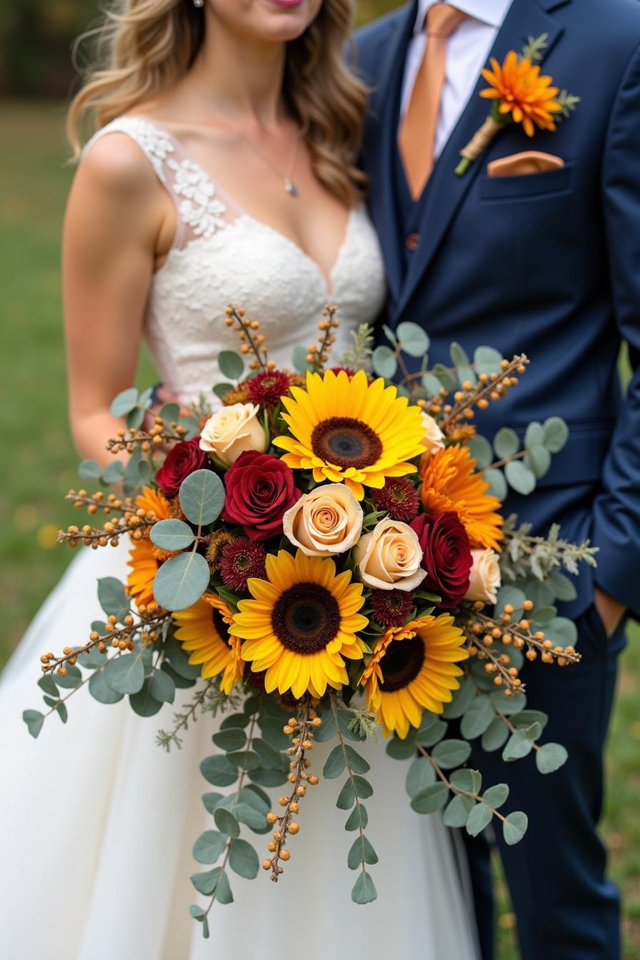 Bride holds vibrant bouquet with sunflowers and roses