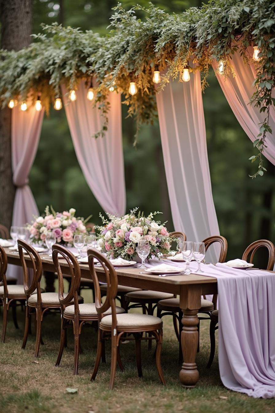 Outdoor dining setup with draped fabric and hanging lights