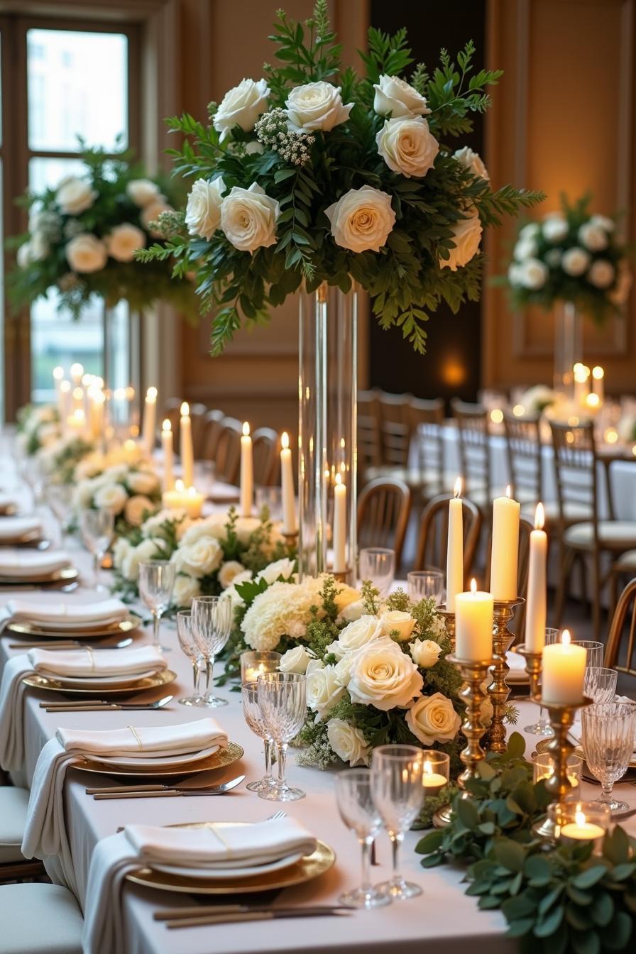 Elegant table with white roses and candles