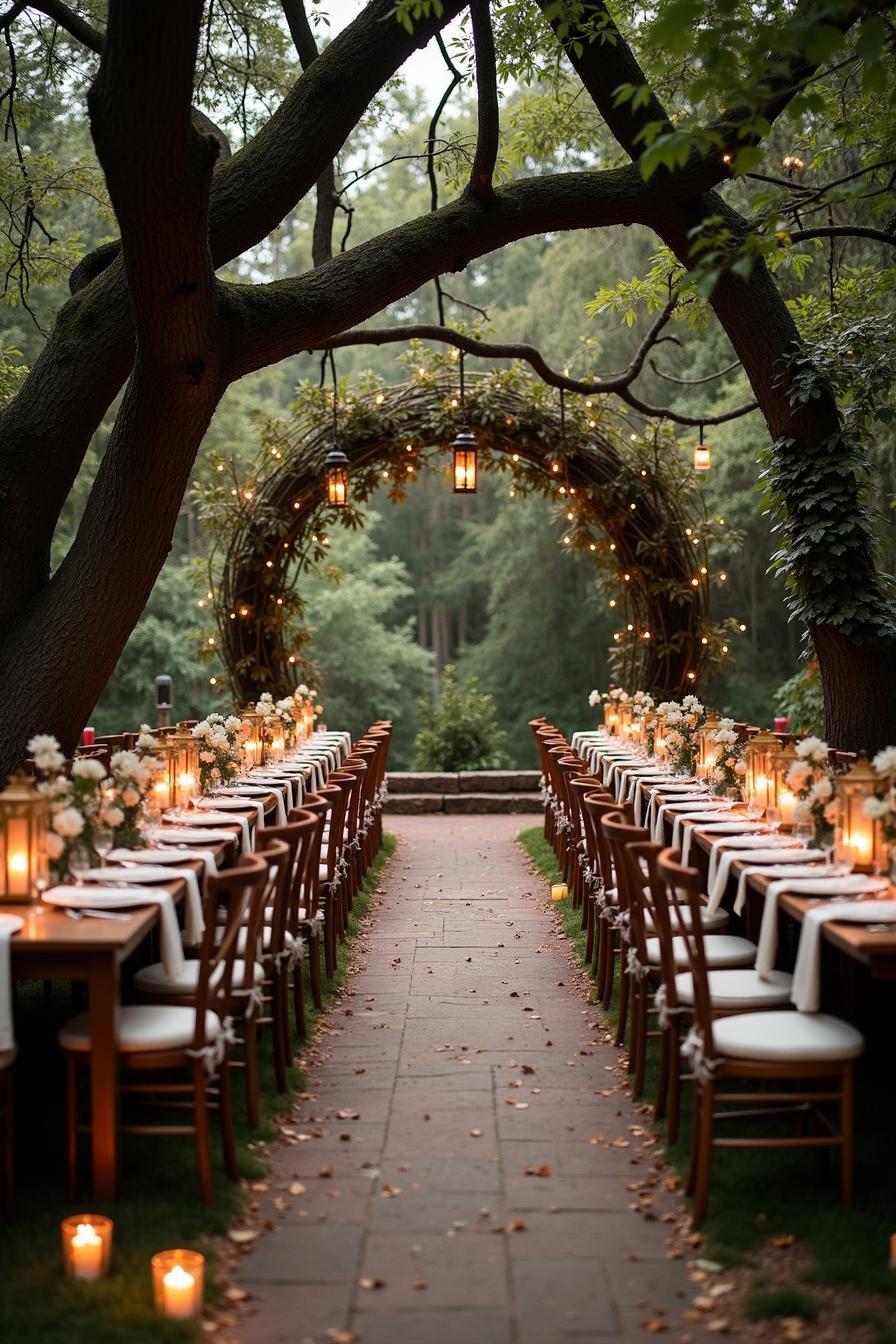 Magical forest wedding with lit archway and rustic tables