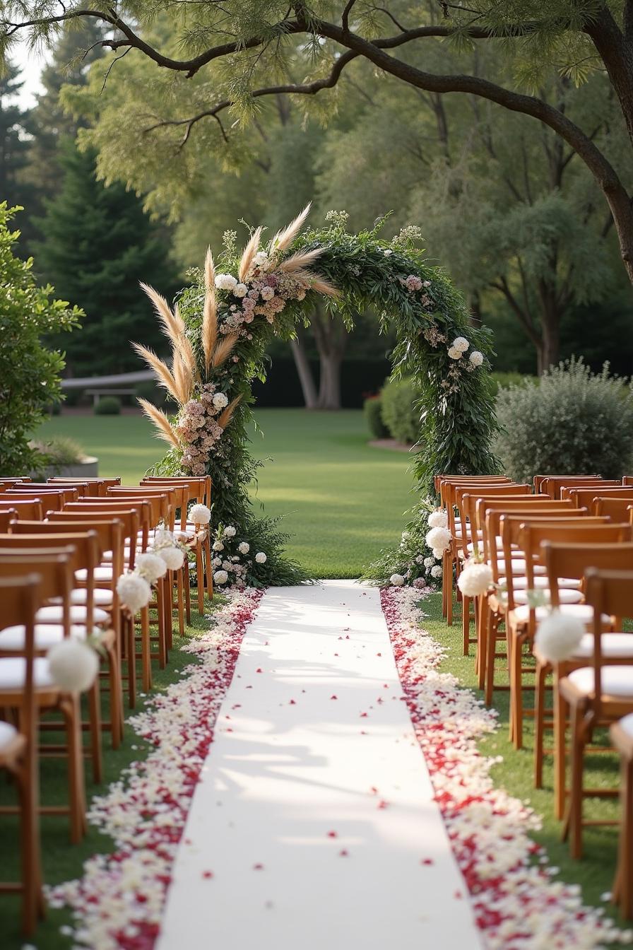 Wedding arch adorned with greenery and flowers in a garden setting