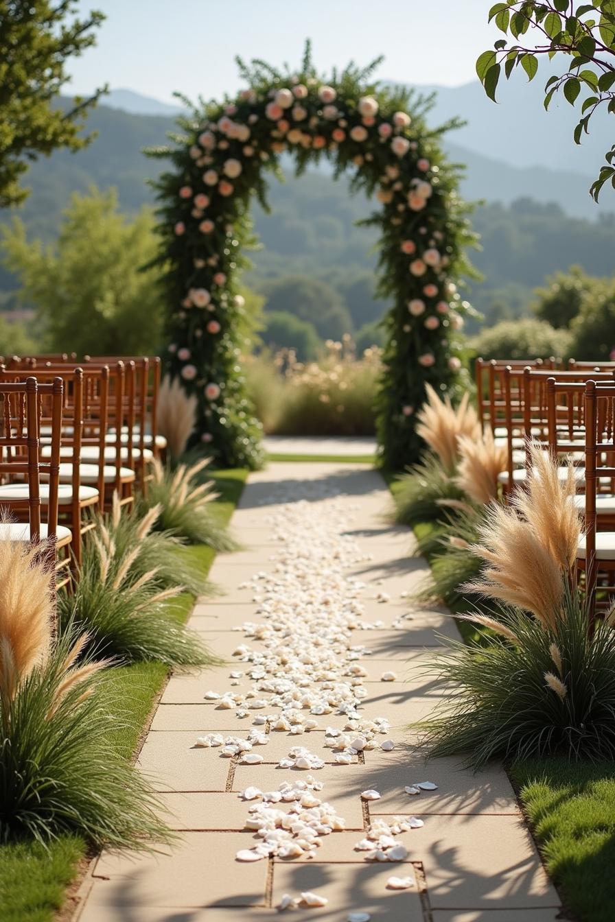 Elegant outdoor wedding aisle with floral arch